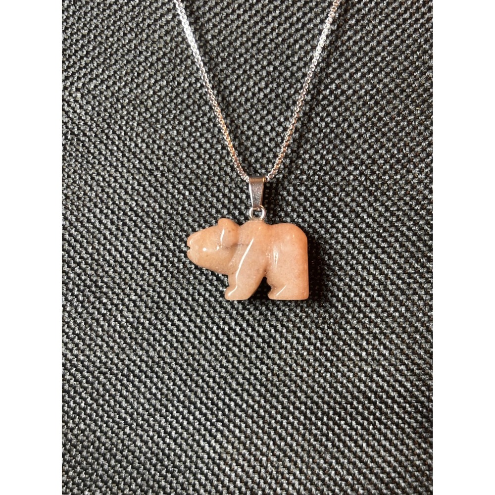 Peach Stone Bear Totem Pendant Necklace Stainless Steel Box Chain 18-20 Inch
